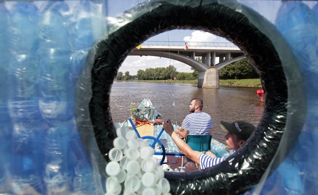 The view from inside the cabin (also made of plastic bottles) looking out. 